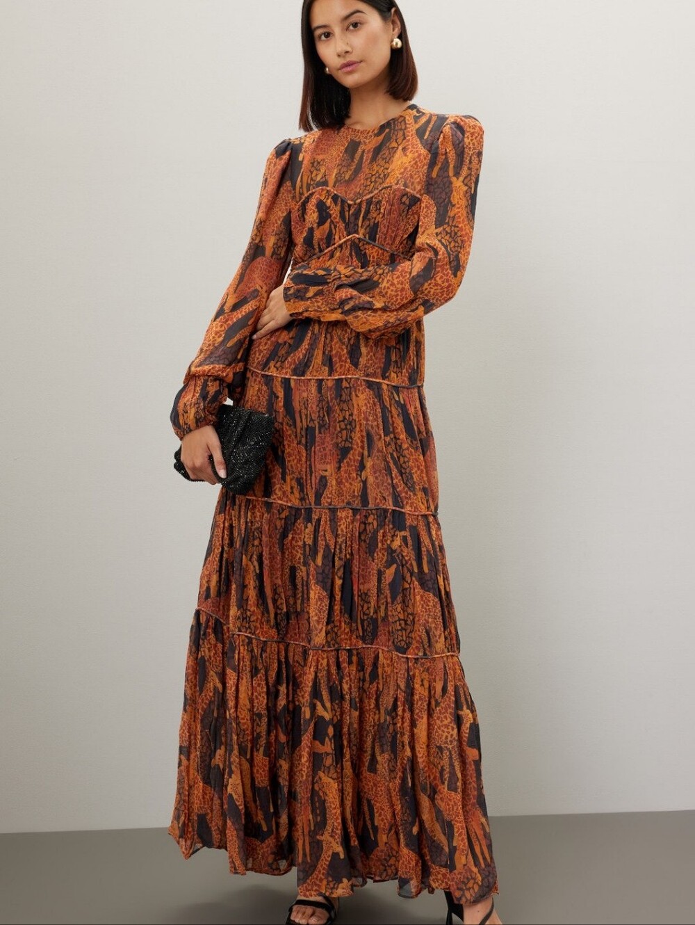 FARM Rio Giraffes Puff Sleeve Maxi Dress Orange and Black Tiered Maxi Dress
